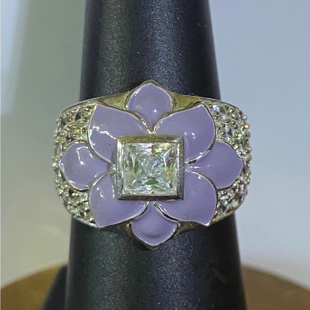 Sterling Ross Simons Princess Cut CZ Lilac Enamel Flower Ring, Sz 7